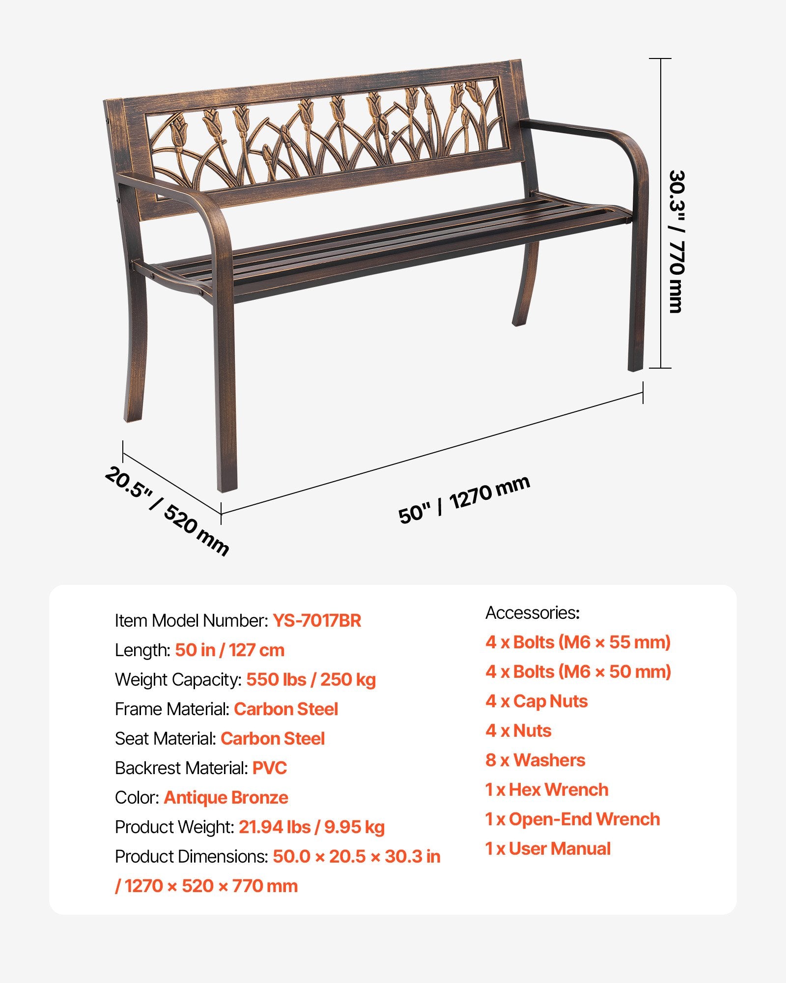 Utomhusbänk, 127 cm, metallram i kolstål med PVC-blommor