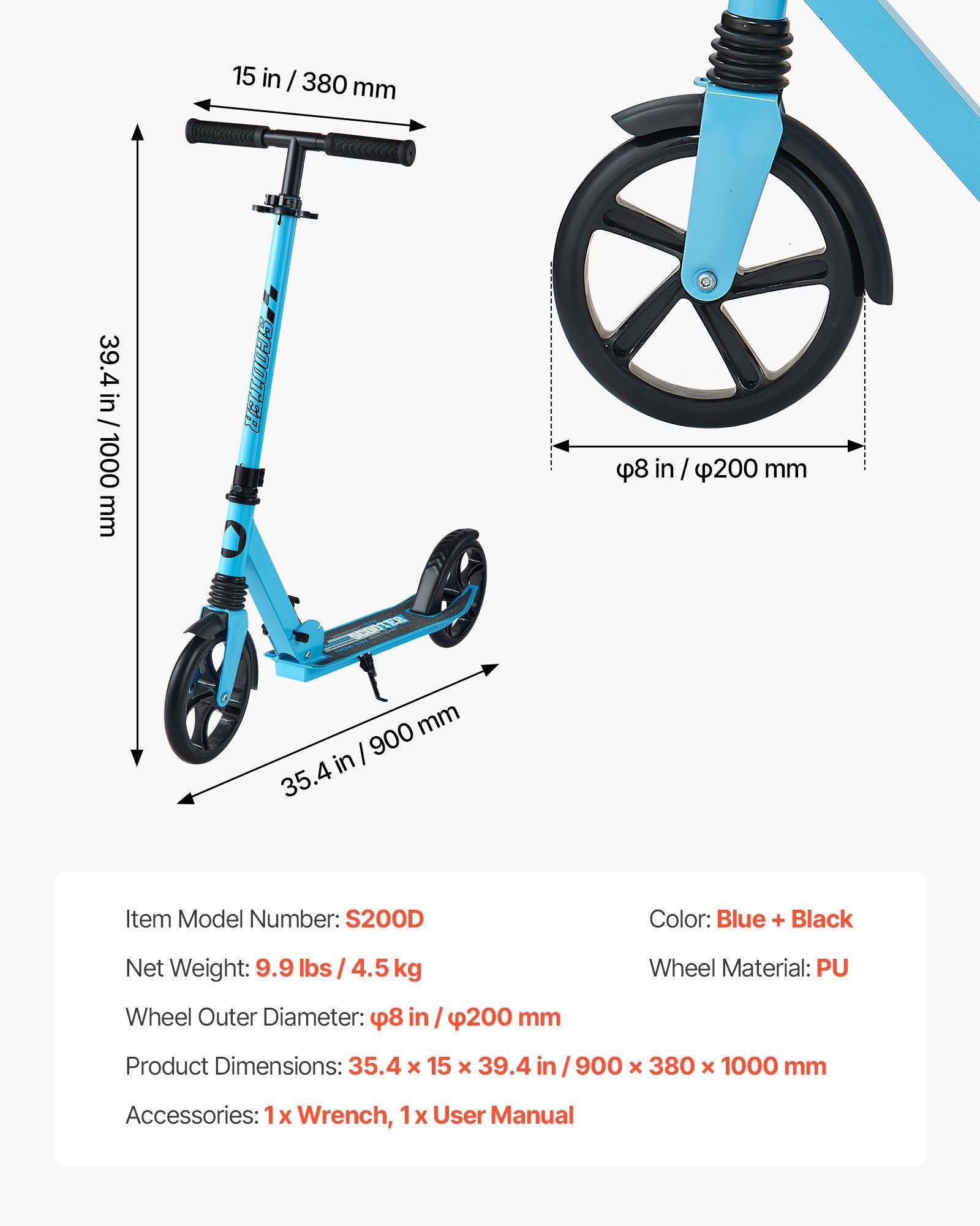 Sparkcykel för barn från 8 år, tonåringar och vuxna, 2-hjulig sparkcykel