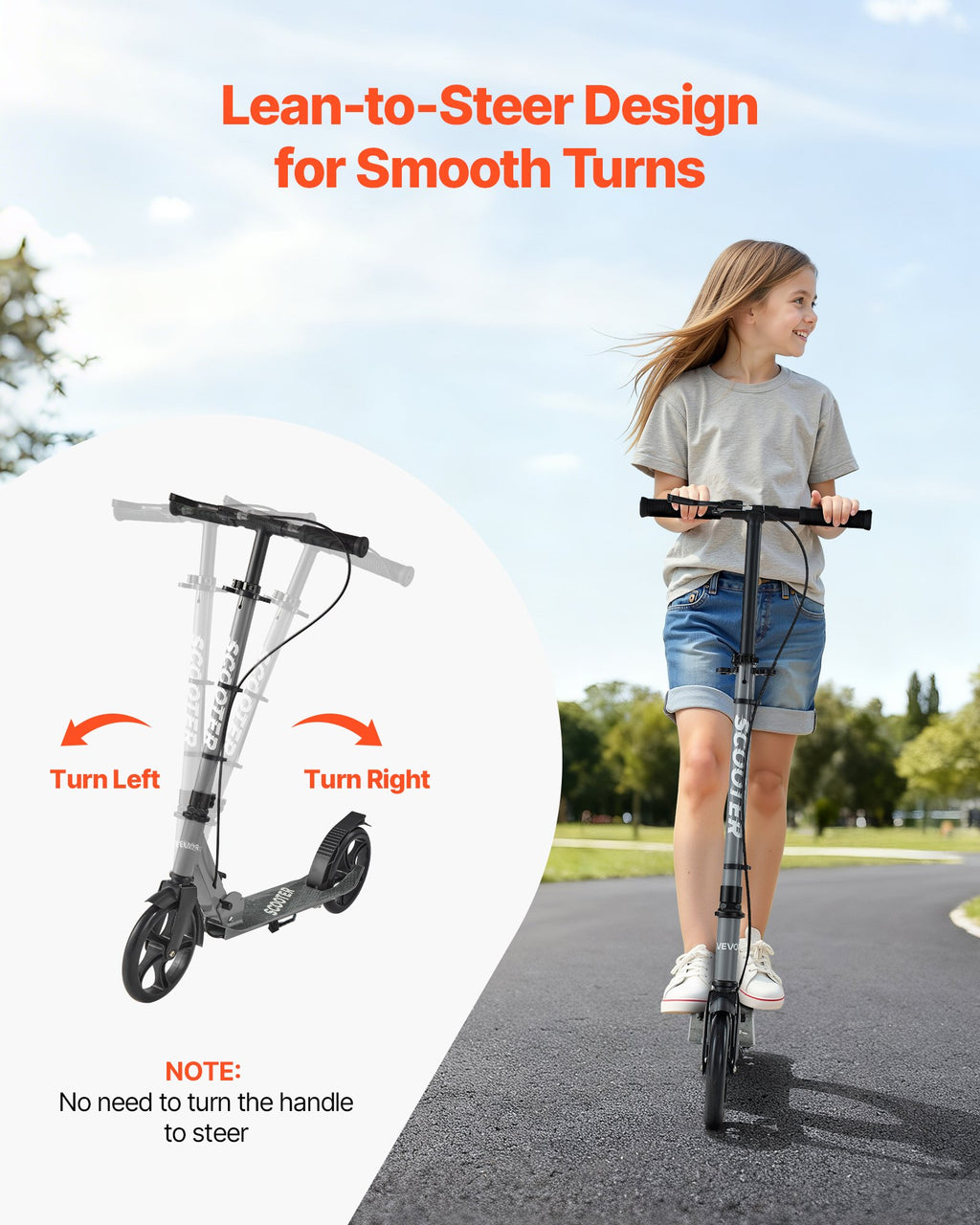 Sparkcykel för barn från 8 år, tonåringar och vuxna, 2-hjulig sparkcykel med justerbart styre, brett halkfritt däck, hopfällbar lättviktsram för pojkar och flickor upp till 99,8 kg, grå