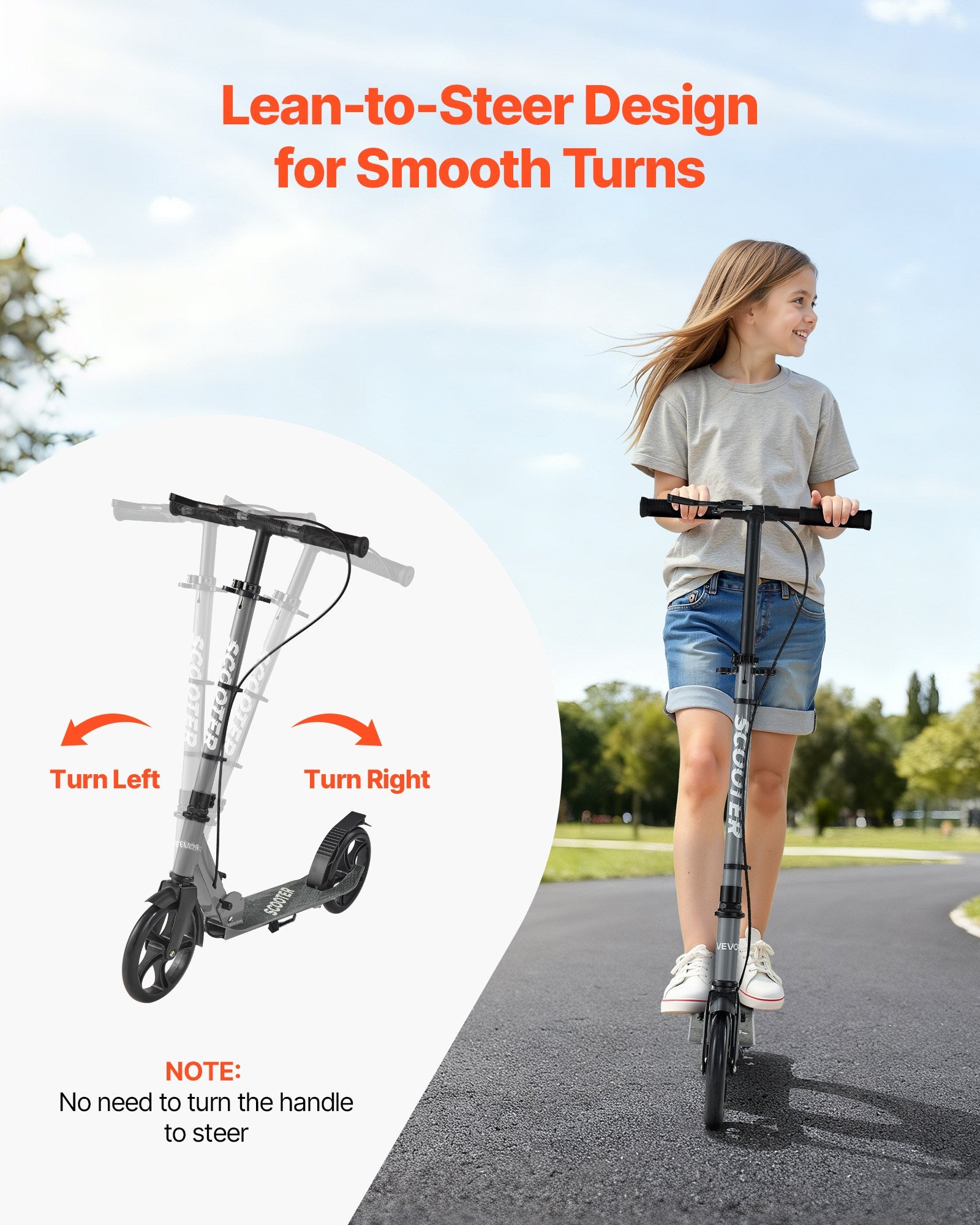 Sparkcykel för barn från 8 år, tonåringar och vuxna, 2-hjulig sparkcykel med justerbart styre, brett halkfritt däck, hopfällbar lättviktsram för pojkar och flickor upp till 99,8 kg, grå