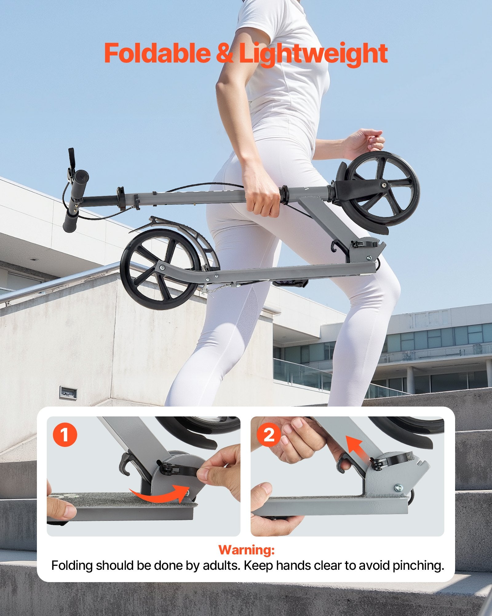 Sparkcykel för barn från 8 år, tonåringar och vuxna, 2-hjulig sparkcykel med justerbart styre, brett halkfritt däck, hopfällbar lättviktsram för pojkar och flickor upp till 99,8 kg, grå