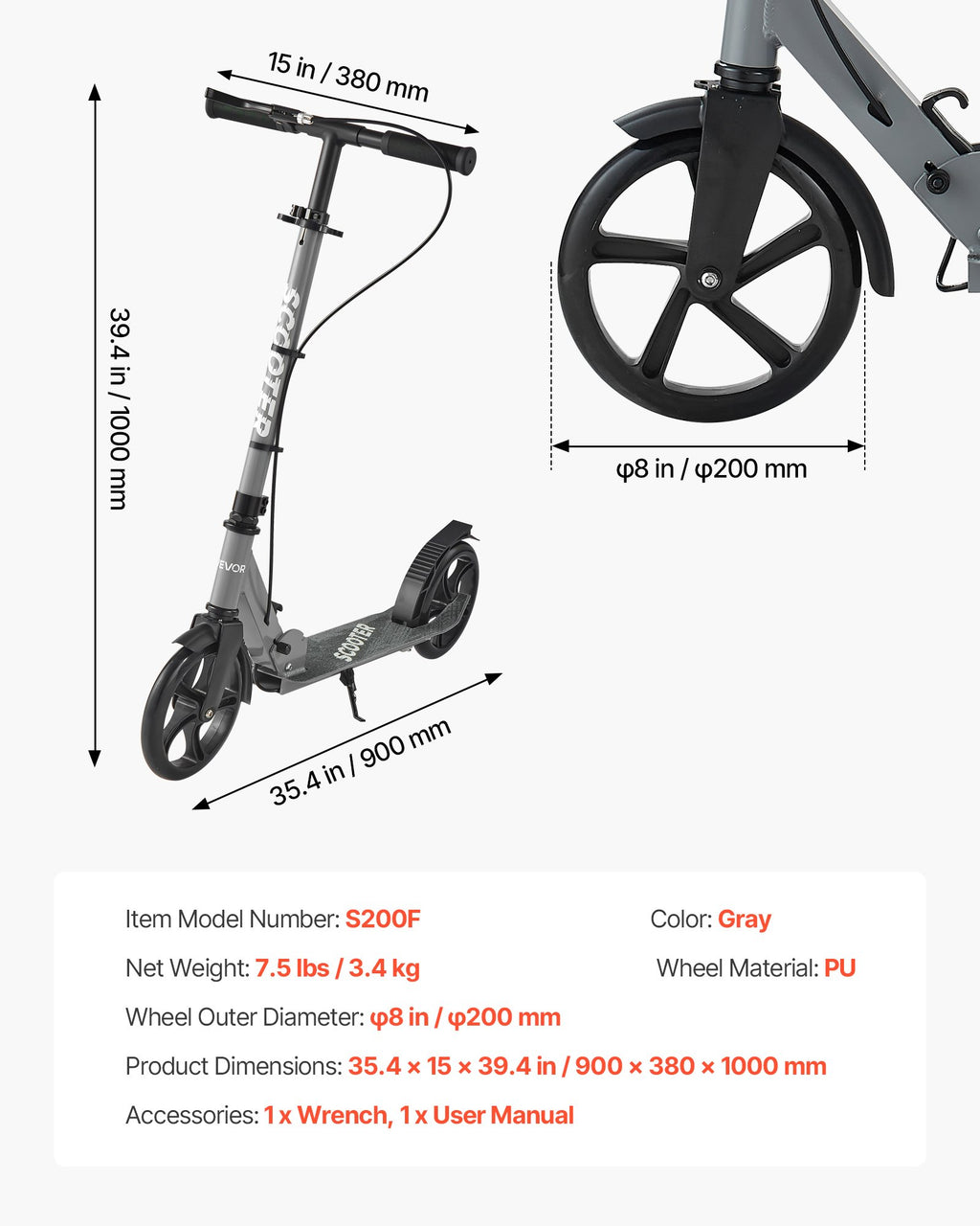 Sparkcykel för barn från 8 år, tonåringar och vuxna, 2-hjulig sparkcykel med justerbart styre, brett halkfritt däck, hopfällbar lättviktsram för pojkar och flickor upp till 99,8 kg, grå