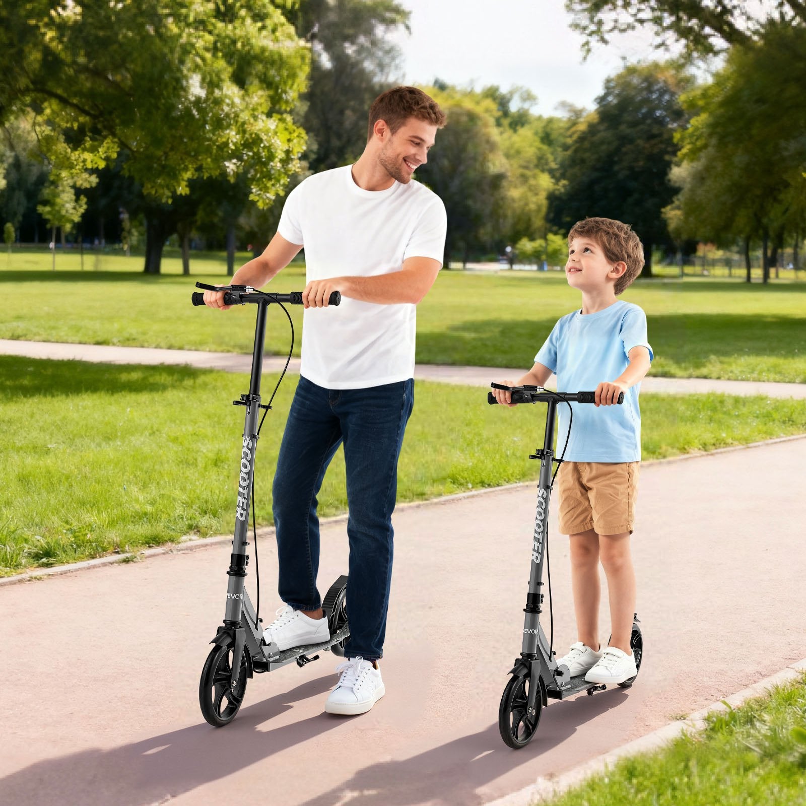 Sparkcykel för barn från 8 år, tonåringar och vuxna, 2-hjulig sparkcykel med justerbart styre, brett halkfritt däck, hopfällbar lättviktsram för pojkar och flickor upp till 99,8 kg, grå