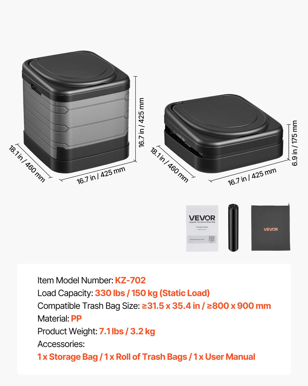 Portable Toilet, 150 kg Load Capacity, Folding Camping Toilet for