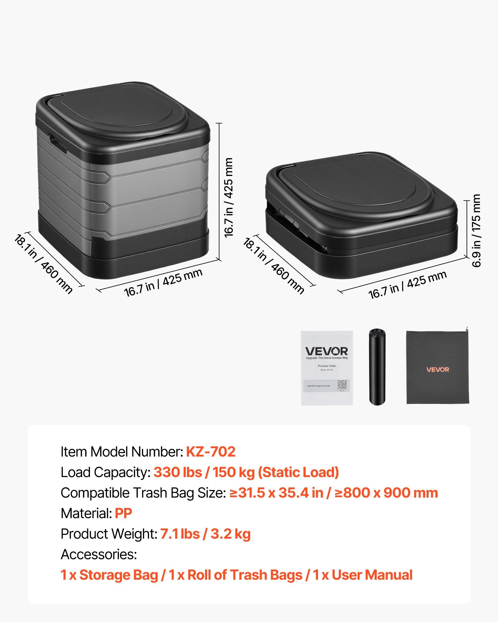Portable Toilet, 150 kg Load Capacity, Folding Camping Toilet for