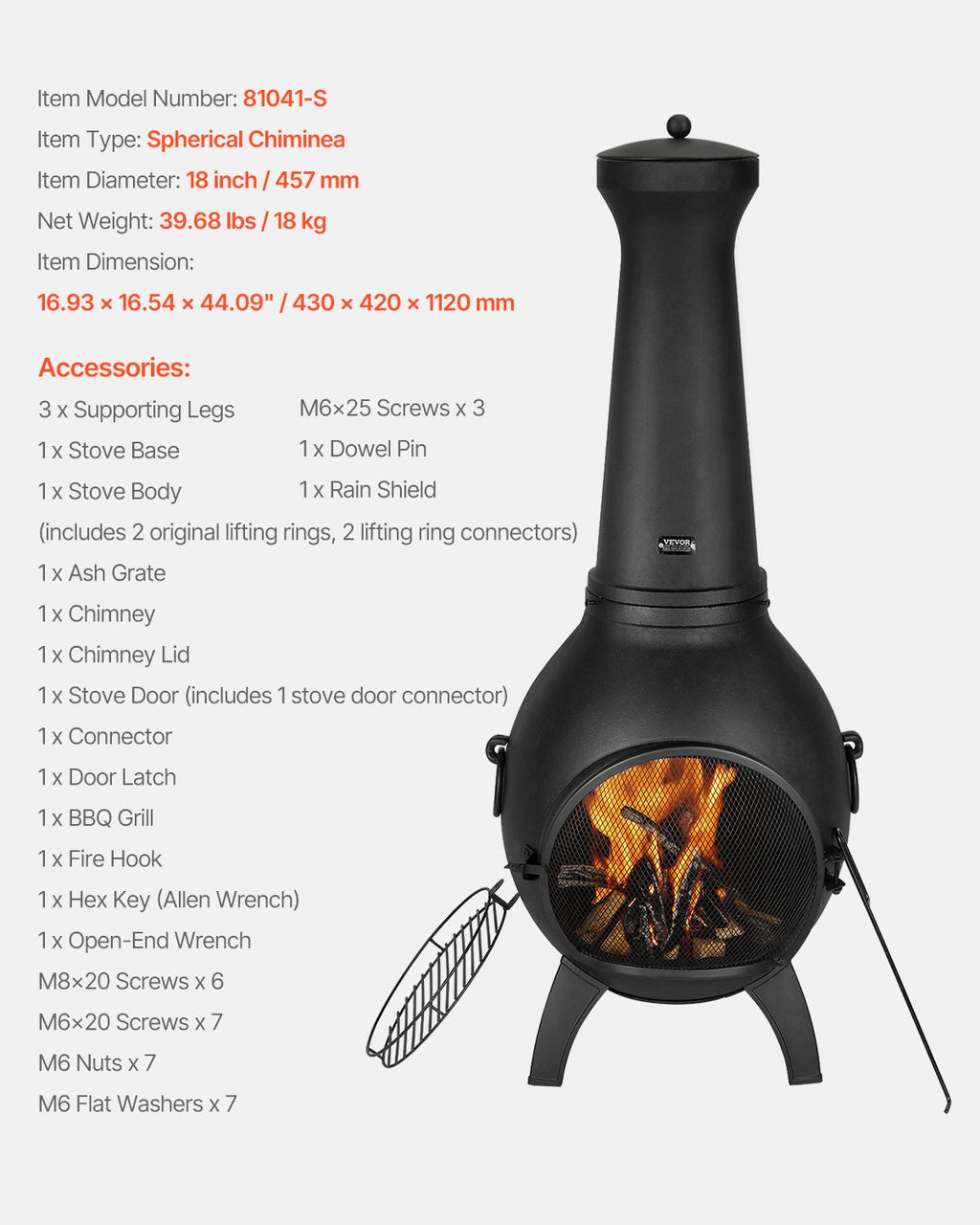 Chiminea, 40 cm vedeldad eldstad för utomhusbruk, sfärisk öppen spis