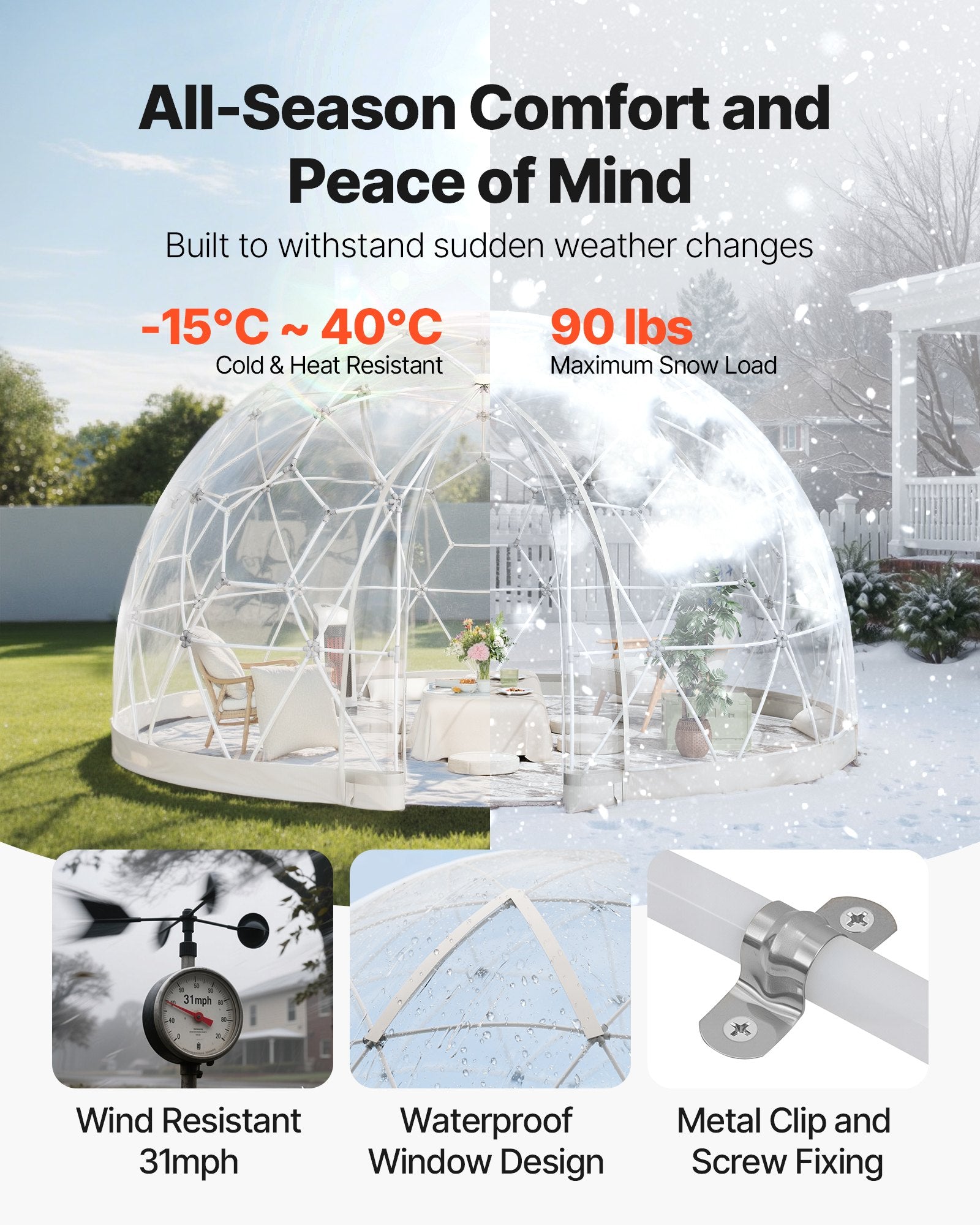 Garden Dome Igloo, 4,5 x 2,7 m utomhus genomskinligt bubbeltält för 4-7 personer  väderbeständigt geodesiskt kupolväxthus med fönster, PVC-iglotält för uteplatser, camping, fest, bröllop