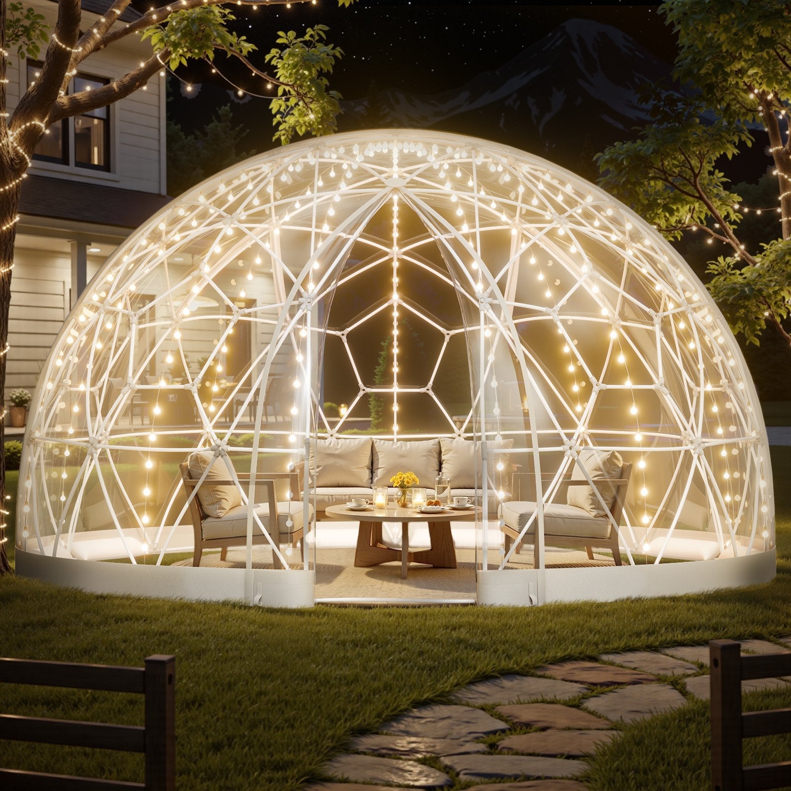 Garden Dome Igloo, 4,5 x 2,7 m utomhus genomskinligt bubbeltält för 4-7 personer  väderbeständigt geodesiskt kupolväxthus med fönster, PVC-iglotält för uteplatser, camping, fest, bröllop