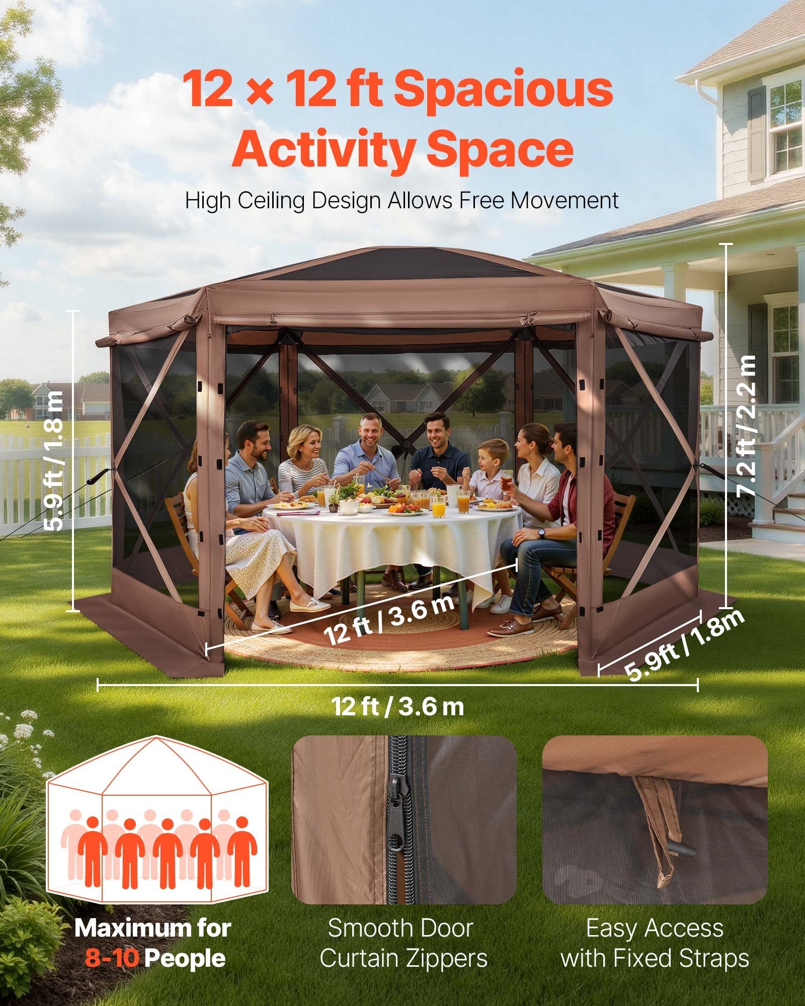 Pop up Gazebo Screen Tent, 3.6 x 3.6 m Large 6-Sided Camping Canopy