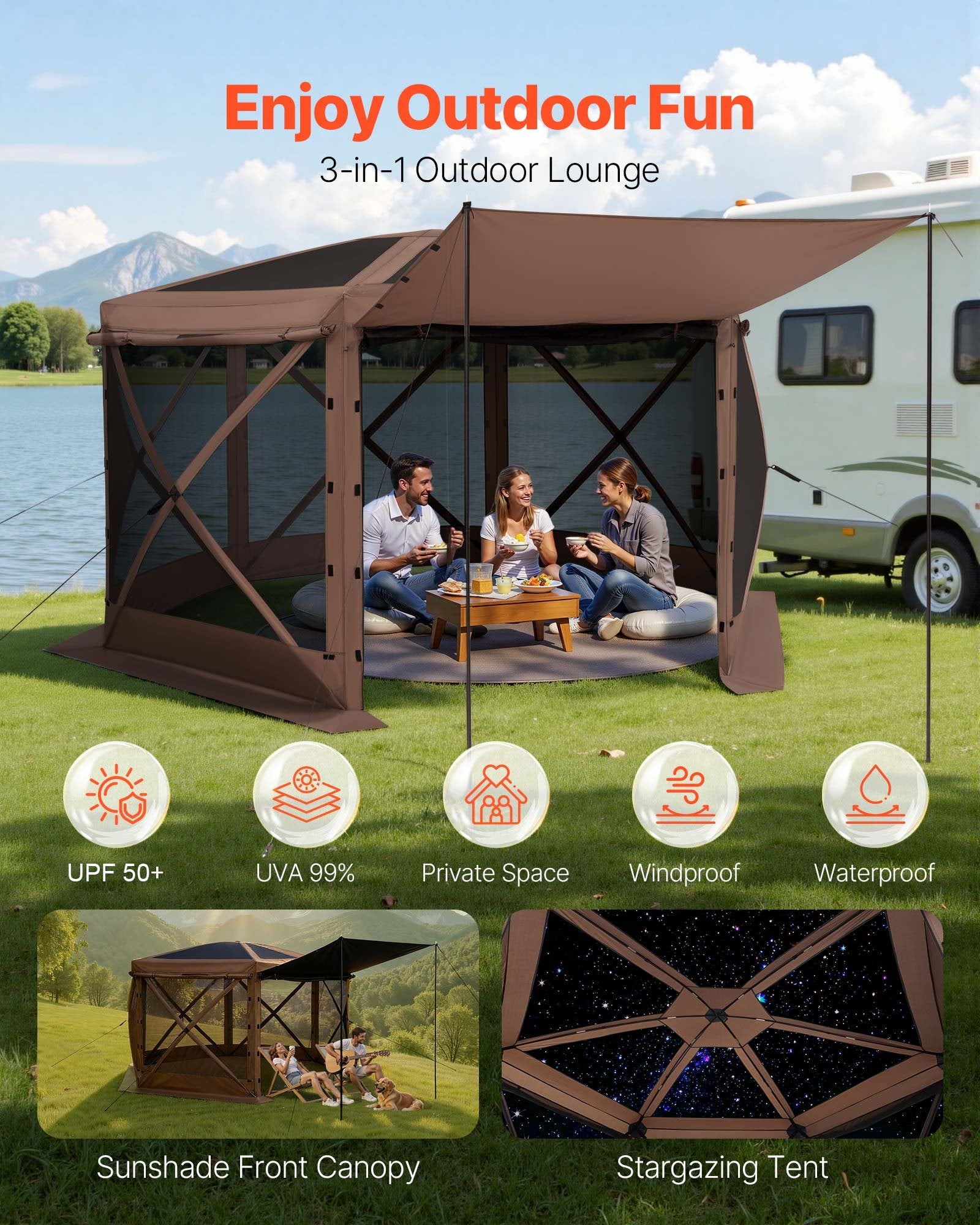 Pop up Gazebo Screen Tent, 3.6 x 3.6 m Large 6-Sided Camping Canopy