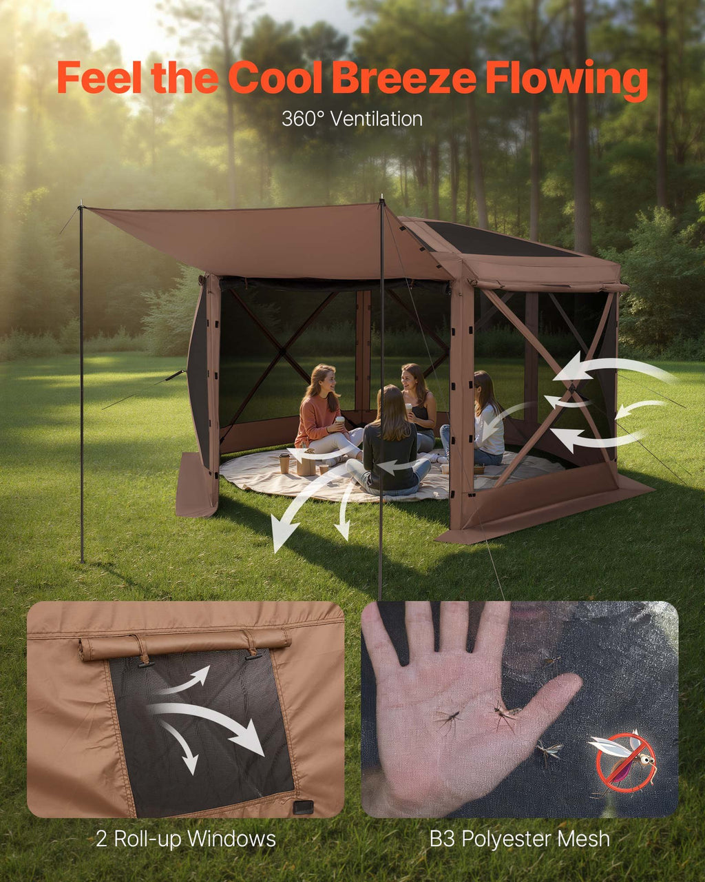 Pop up Gazebo Screen Tent, 3.6 x 3.6 m Large 6-Sided Camping Canopy