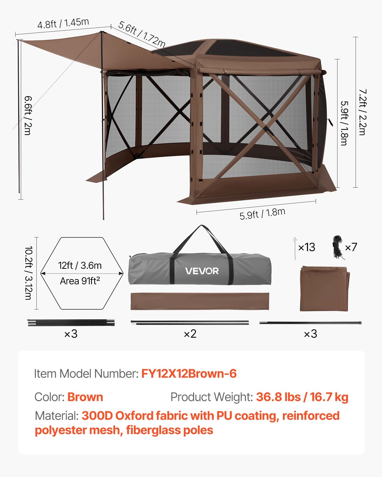 Pop up Gazebo Screen Tent, 3.6 x 3.6 m Large 6-Sided Camping Canopy