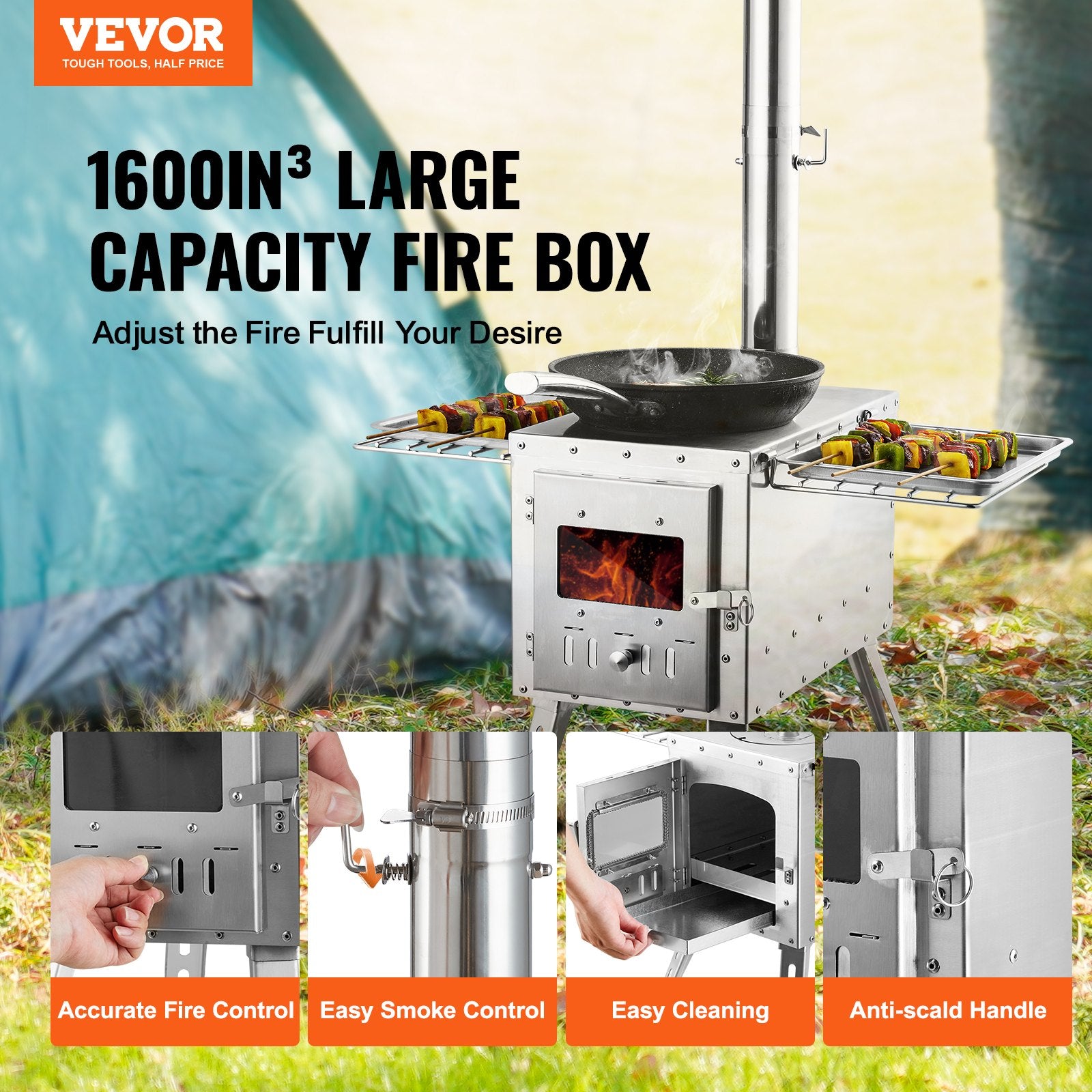 Wood Stove, 218.44 cm, Stainless Steel Camping Tent Stove, Portable