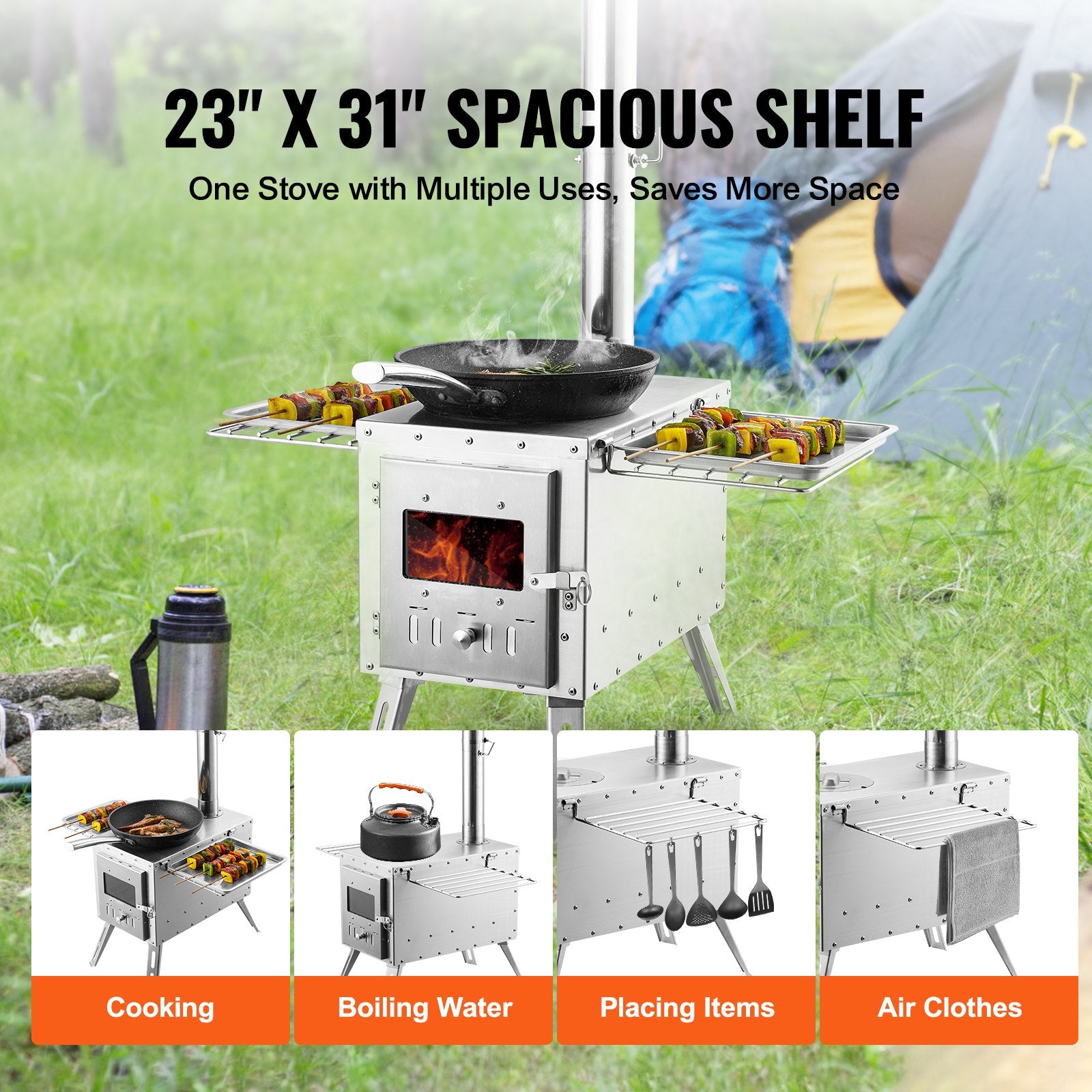 Wood Stove, 218.44 cm, Stainless Steel Camping Tent Stove, Portable