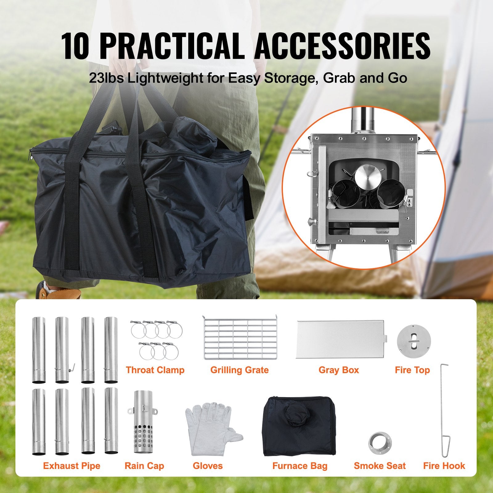 Wood Stove, 218.44 cm, Stainless Steel Camping Tent Stove, Portable