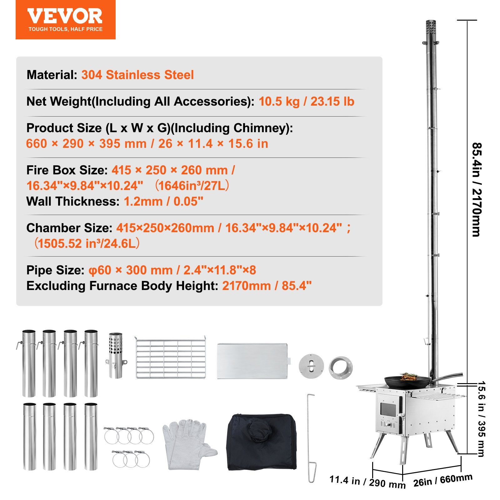 Wood Stove, 218.44 cm, Stainless Steel Camping Tent Stove, Portable